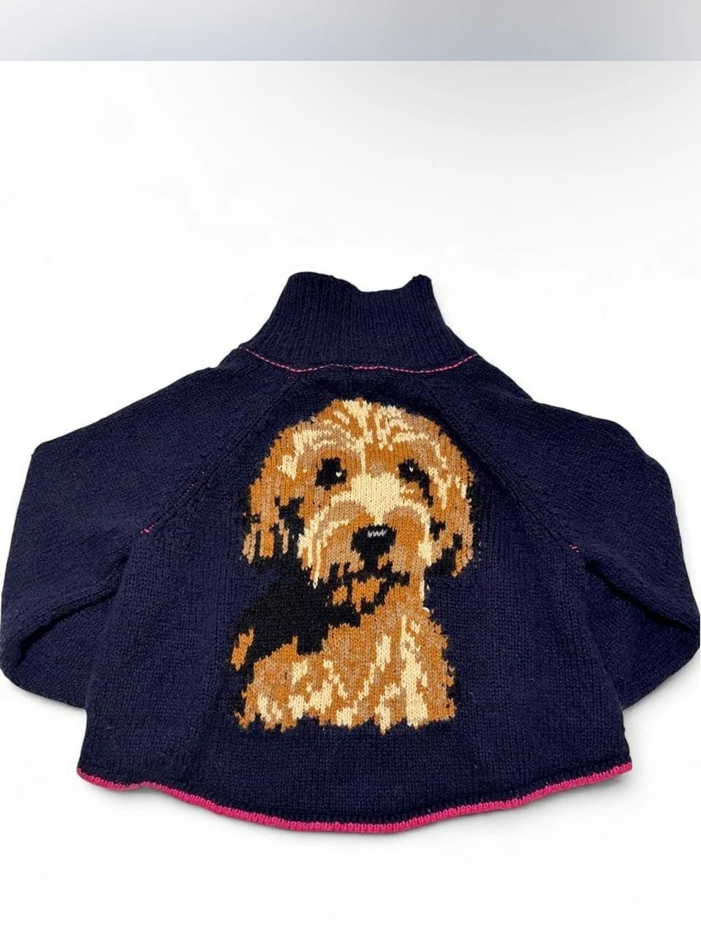 Anthropologie Navy Sweater Cardigan with Tan Dog Intarsia